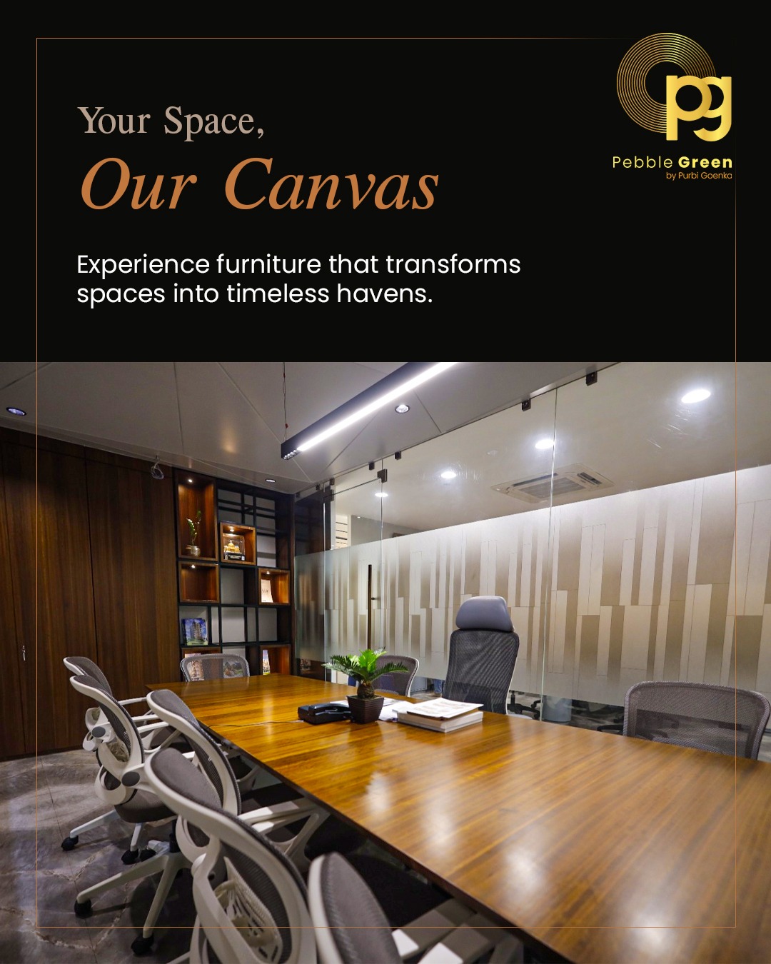 Office boardroom with wood table and storage display wall