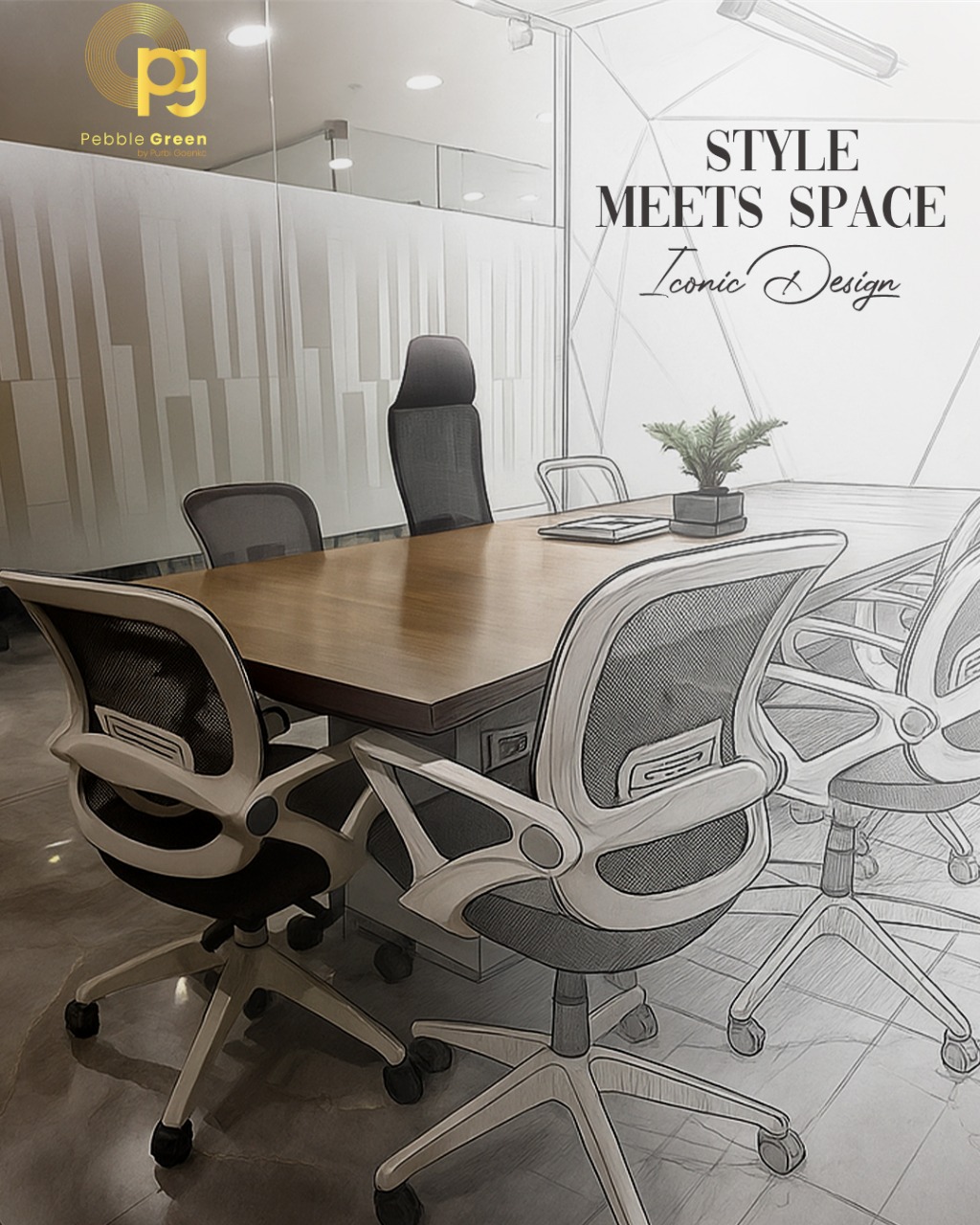 Stylized office view blending photo and design sketch treatment