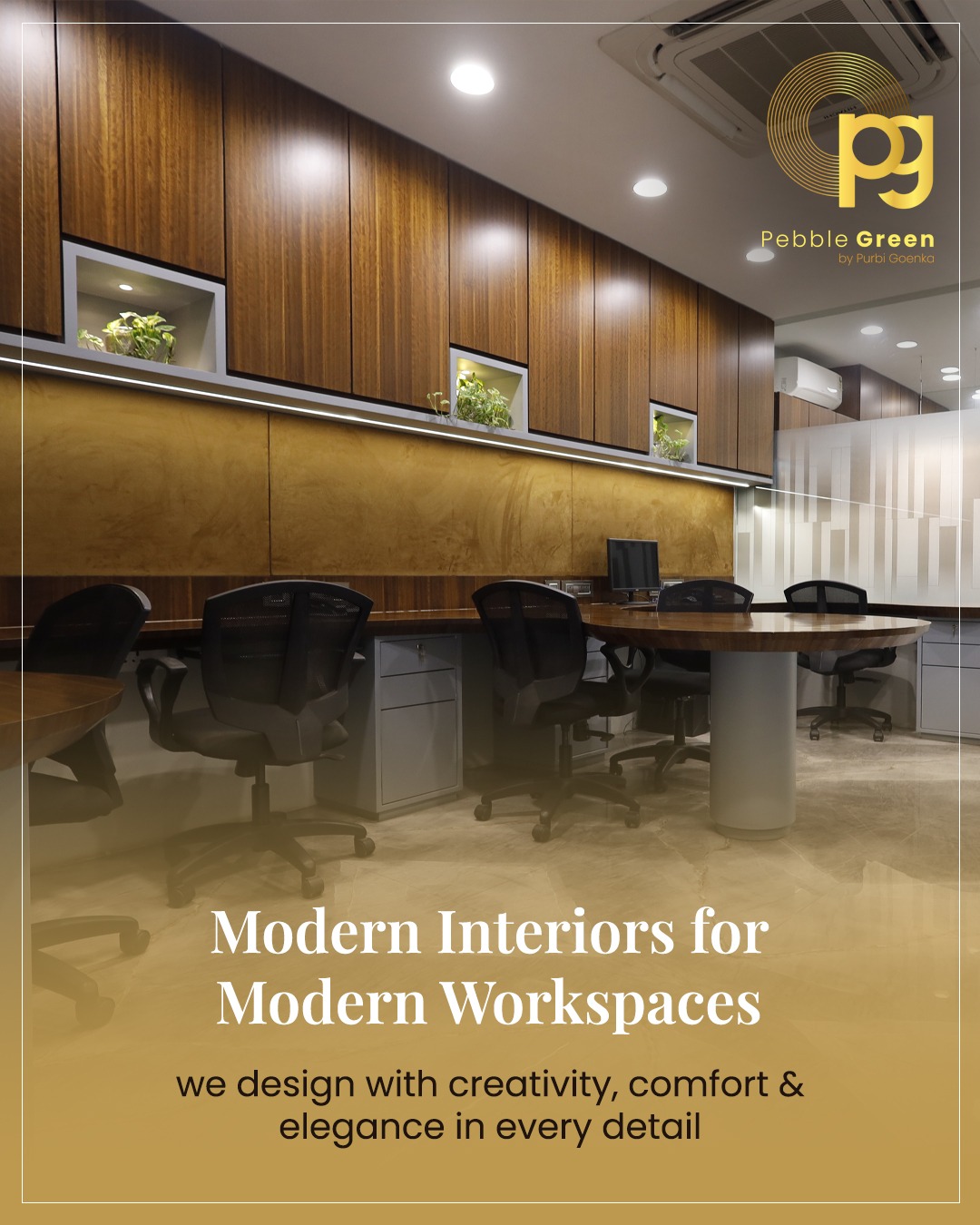 Modern office workstations with warm wood cabinets and task lighting